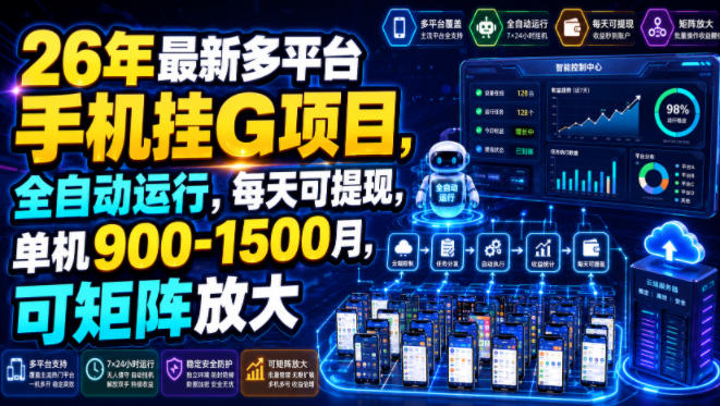 26年最新多平台手机挂G项目，全自动运行，每天可提现，单机900-1500月，可矩阵放大【揭秘】-创薯资源