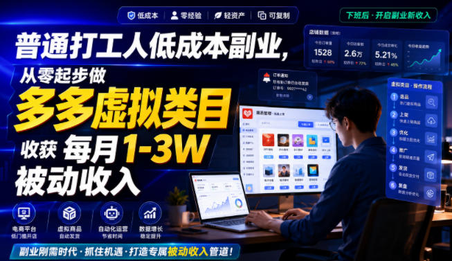 普通打工人低成本副业，从零起步做多多虚拟类目，收获每月1-3W被动收入【揭秘】-创薯资源