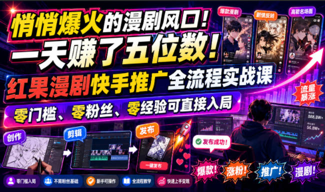 悄悄爆火的漫剧风口！一天賺了五位数！红果漫剧快手推广全流程实战课，零门槛、零粉丝、零经验可直接入局-创薯资源