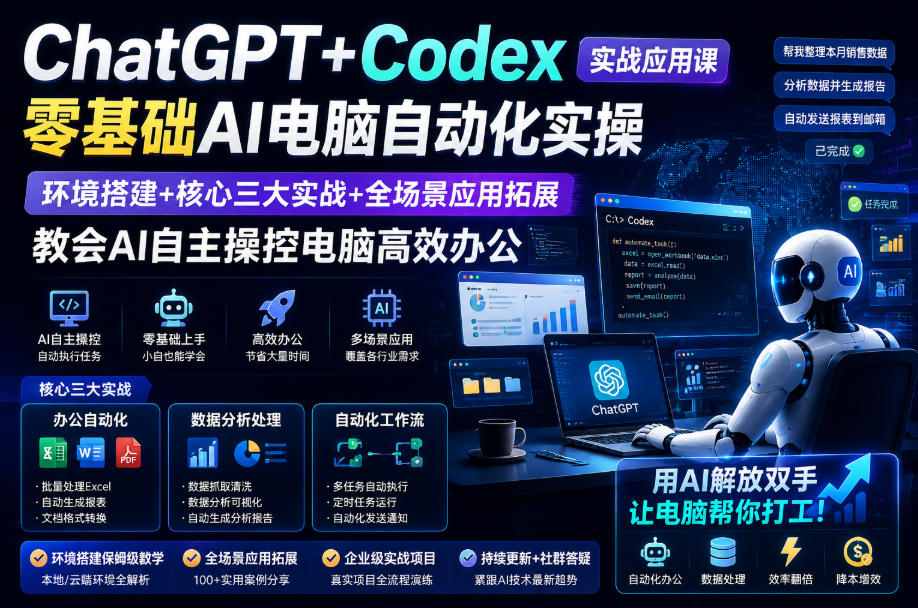 ChatGPT+Codex实战应用课｜零基础AI电脑自动化实操，环境搭建+核心三大实战+全场景应用拓展，教会AI自主操控电脑高效办公-创薯资源