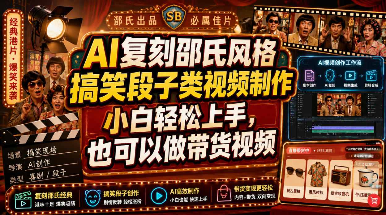 AI复刻邵氏风格搞笑段子类视频制作，小白轻松上手，也可以做带货视频-创薯资源