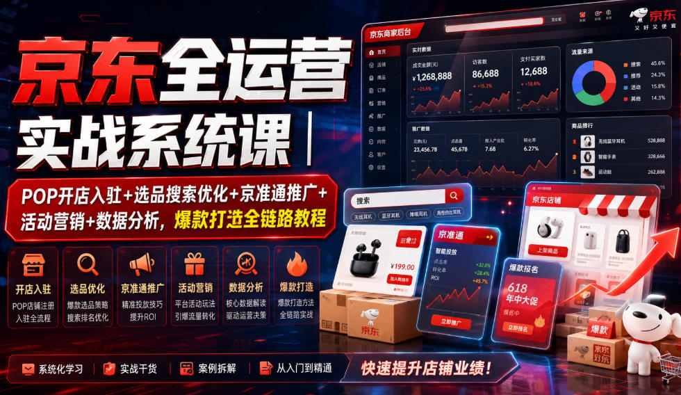 京东全运营实战系统课｜POP开店入驻+选品搜索优化+京准通推广+活动营销+数据分析，爆款打造全链路教程-创薯资源