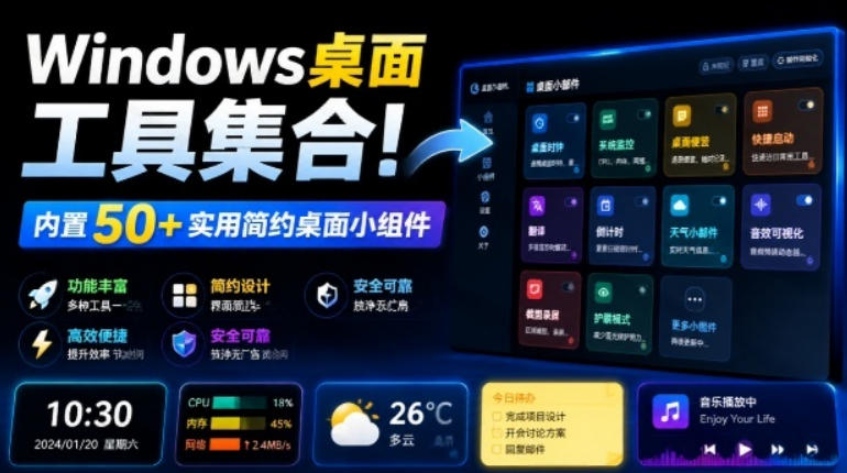Windows桌面工具集合！内置50+实用简约桌面小组件，含截图、录屏、翻译、天气等，多秘工具箱-创薯资源