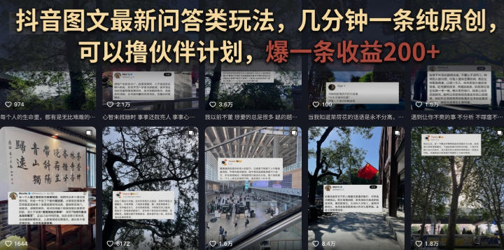 抖音图文最新问答类玩法，几分钟一条纯原创，可以撸伙伴计划，爆一条收益200+-创薯资源