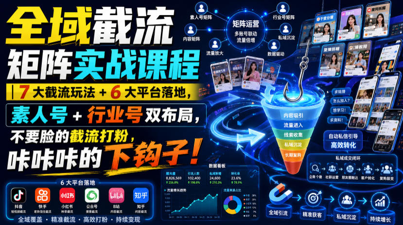 全域截流矩阵实战课程｜7大截流玩法+6大平台落地，素人号+行业号双布局，不要脸的截流打粉，咔咔咔的下钩子！-创薯资源