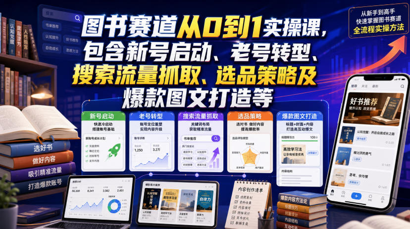图书赛道从0到1实操课，包含新号启动、老号转型、搜索流量抓取、选品策略及爆款图文打造等-创薯资源