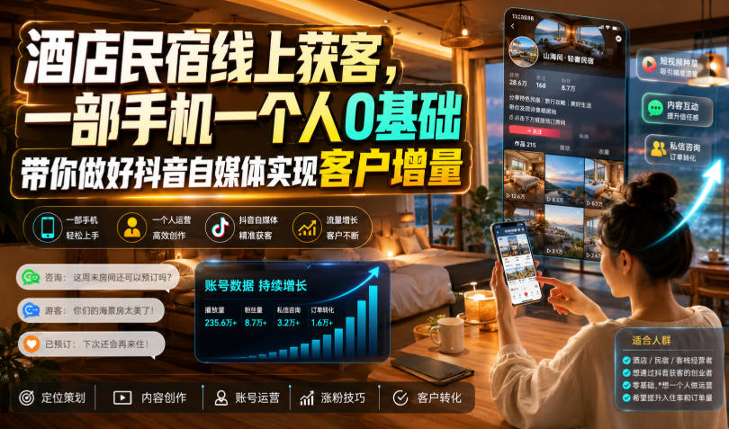酒店民宿线上获客，一部手机一个人0基础带你做好抖音自媒体实现客户增量-创薯资源