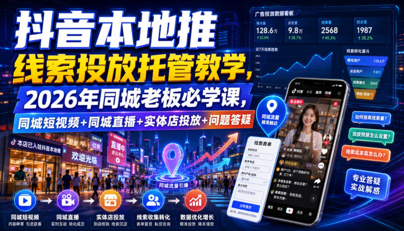 抖音本地推线索投放托管教学，2026年同城老板必学课，同城短视频+同城直播+实体店投放+问题答疑-创薯资源