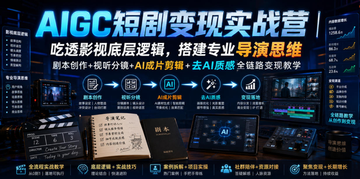 AIGC短剧变现实战营｜吃透影视底层逻辑，搭建专业导演思维，剧本创作+视听分镜+AI成片剪辑+去AI质感全链路变现教学-创薯资源