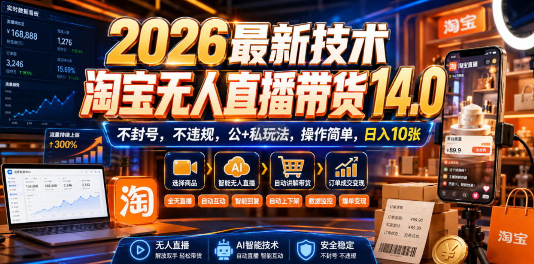 2026最新技术，淘宝无人直播带货14.0，不封号，不违规，公+私玩法，操作简单，日入10张【揭秘】-创薯资源
