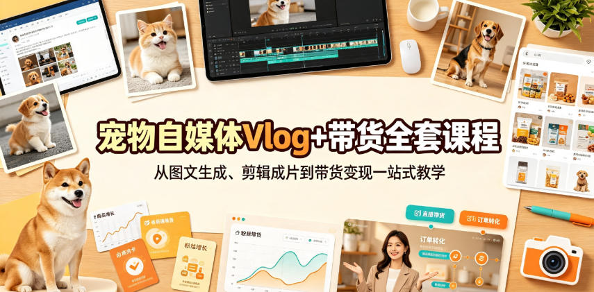 宠物自媒体Vlog+带货全套课程｜从图文生成、剪辑成片到带货变现一站式教学-创薯资源