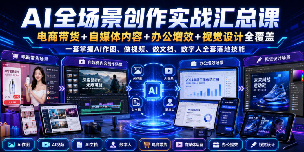 AI全场景创作实战汇总课｜电商带货+自媒体内容+办公增效+视觉设计全覆盖，一套掌握AI作图、做视频、做文档、数字人全套落地技能-创薯资源