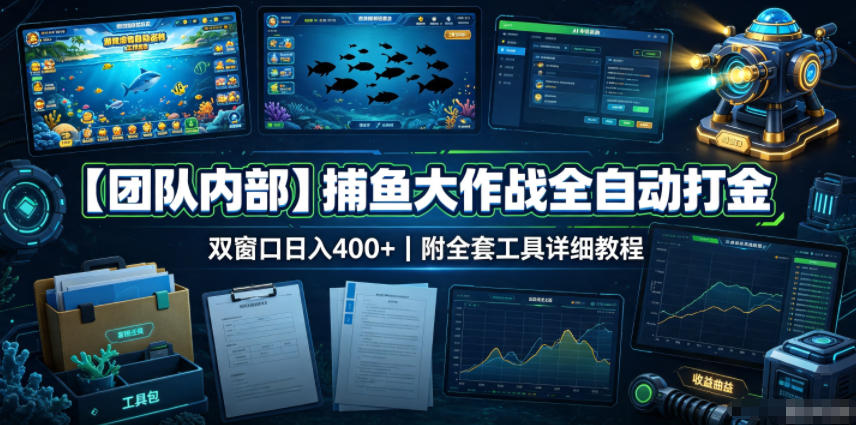 【团队内部】捕鱼大作战全自动打金，双窗口日入400+，附全套工具详细教程【揭秘】-创薯资源