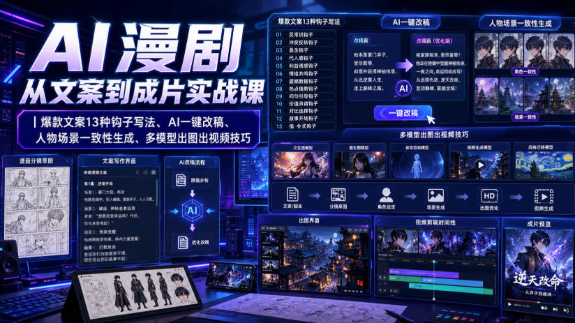 AI漫剧从文案到成片实战课｜爆款文案13种钩子写法、AI一键改稿、人物场景一致性生成、多模型出图出视频技巧-创薯资源