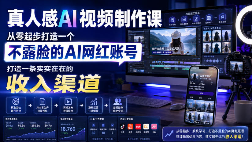真人感AI视频制作课，从零起步打造一个不露脸的AI网红账号，打造一条实实在在的收入渠道【原创双语字幕】-创薯资源