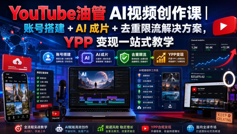 YouTube油管AI视频创作课｜账号搭建+AI成片+去重限流解决方案，YPP变现一站式教学-创薯资源