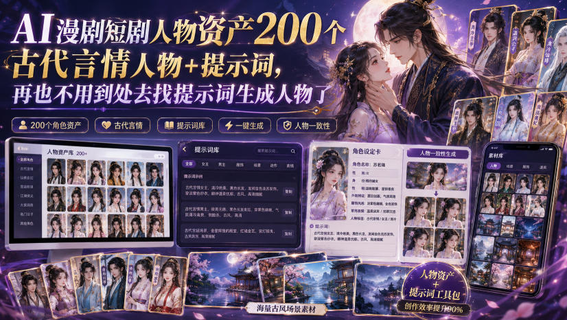 AI漫剧短剧人物资产200个古代言情人物+提示词，再也不用到处去找提示词生成人物了-创薯资源