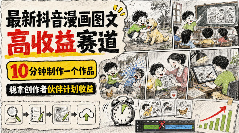 最新抖音漫画图文高收益赛道，10分钟制作一个作品，稳拿创作者伙伴计划收益-创薯资源