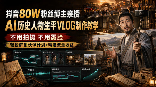 抖音80W粉丝博主的AI历史人物生平VLOG教学，不用拍摄不用露脸，AI帮你搞定，轻松解锁伙伴计划+精选收益-创薯资源