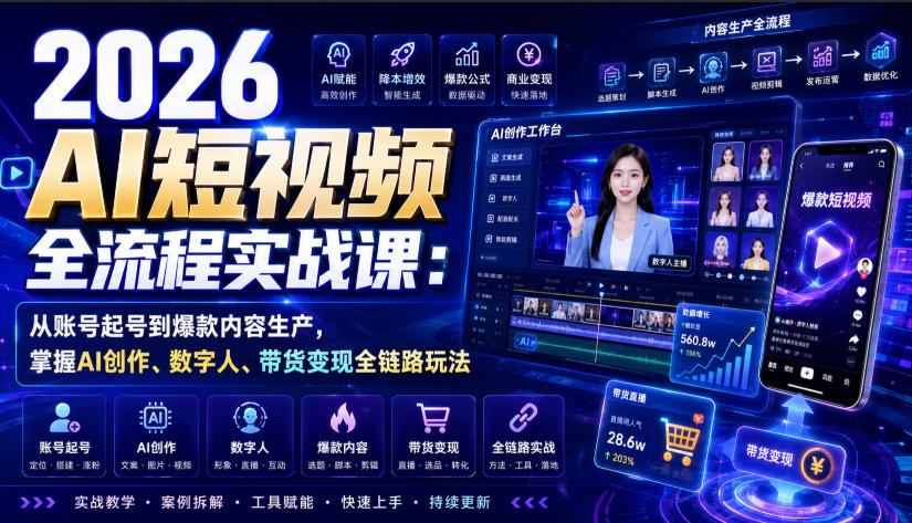 2026 AI短视频全流程实战课：从账号起号到爆款内容生产，掌握AI创作、数字人、带货变现全链路玩法-创薯资源