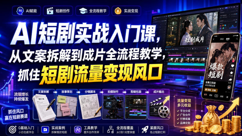 AI短剧实战入门课，从文案拆解到成片全流程教学，抓住短剧流量变现风口-创薯资源