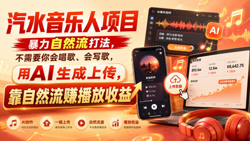 汽水音乐人项目，暴力自然流打法，不需要你会唱歌、会写歌，用AI生成上传，靠自然流賺播放收益-创薯资源