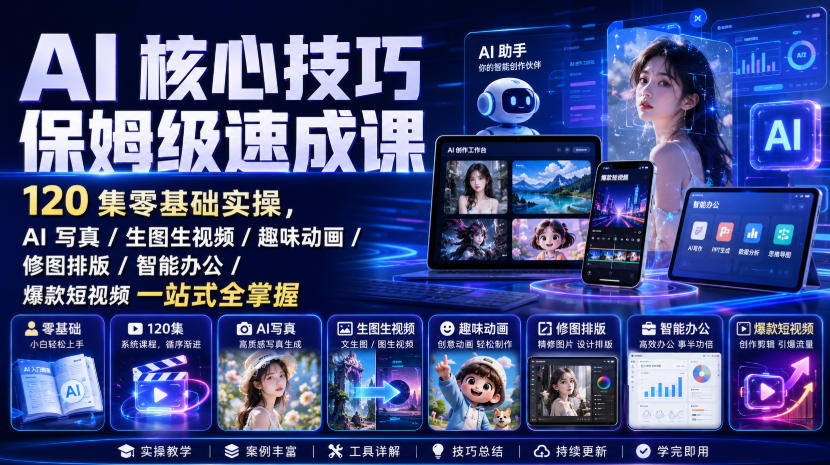 AI核心技巧保姆级速成课｜120集零基础实操，AI写真/生图生视频/趣味动画/修图排版/智能办公/爆款短视频一站式全掌握(更新)-创薯资源