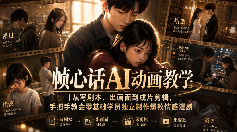 帧心话AI动画教学｜从写剧本、出画面到成片剪辑，手把手教会零基础学员独立制作爆款情感漫剧-创薯资源