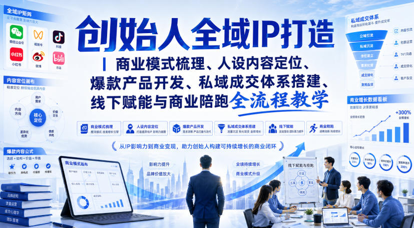 创始人全域IP打造｜商业模式梳理、人设内容定位、爆款产品开发、私域成交体系搭建、线下赋能与商业陪跑全流程教学-创薯资源