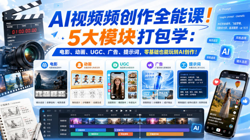 AI视频频创作全能课！5大模块打包学：电影、动画、UGC、广告、提示词，零基础也能玩转AI创作！【原创双语字幕】-创薯资源