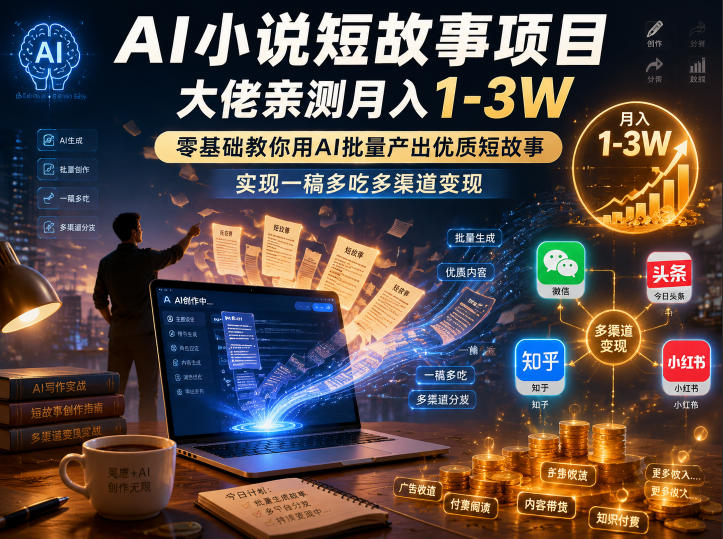 AI小说短故事项目，大佬亲测月入1-3W，零基础教你用AI批量产出优质短故事，实现一稿多吃多渠道变现(更新0824)-创薯资源