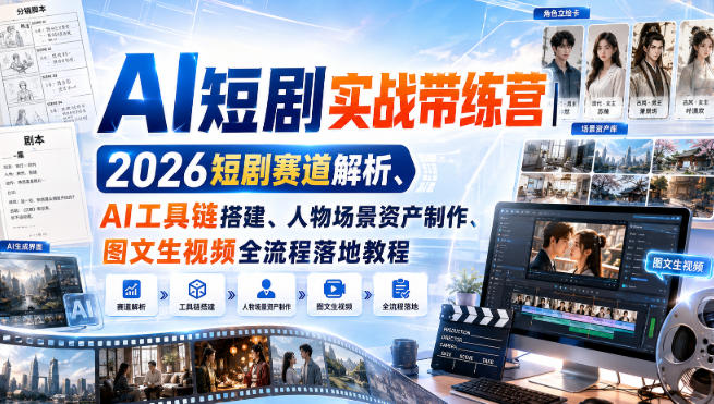 AI短剧实战带练营｜2026短剧赛道解析、AI工具链搭建、人物场景资产制作、图文生视频全流程落地教程-创薯资源