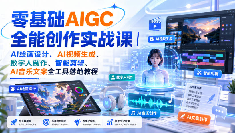 零基础AIGC全能创作实战课｜AI绘画设计、AI视频生成、数字人制作、智能剪辑、AI音乐文案全工具落地教程-创薯资源