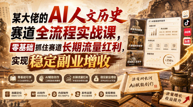 某大佬的AI人文历史赛道全流程实战课，零基础抓住赛道长期流量红利，实现稳定副业增收-创薯资源