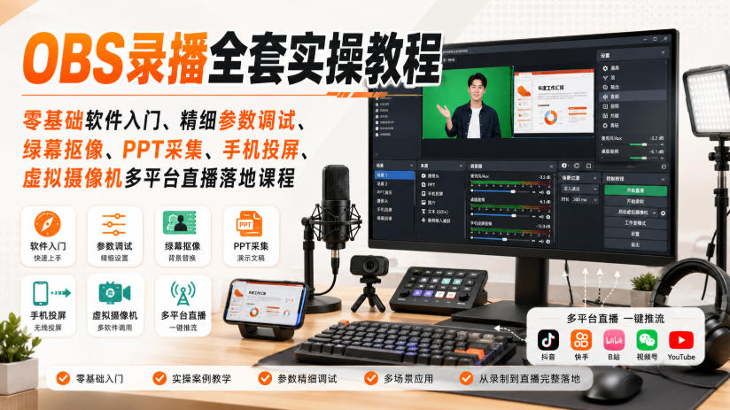 OBS录播全套实操教程｜零基础软件入门、精细参数调试、绿幕抠像、手机投屏、虚拟摄像机多平台直播落地课程-创薯资源