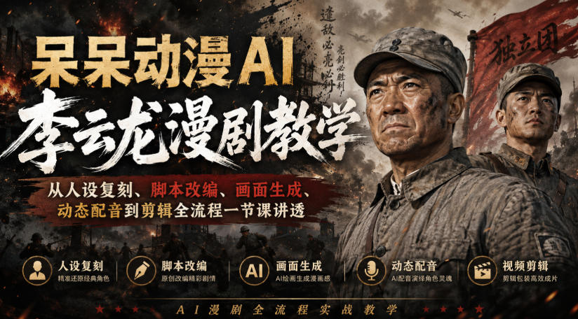 呆呆动漫AI李云龙漫剧教学，从人设复刻、脚本改编、画面生成、动态配音到剪辑全流程一节课讲透-创薯资源