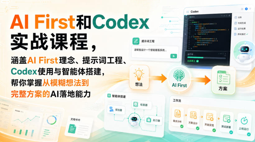 AI First和Codex实战课，涵盖AI First理念、提示词工程、Codex使用与智能体搭建，掌握从模糊想法到完整方案的AI落地能力-创薯资源