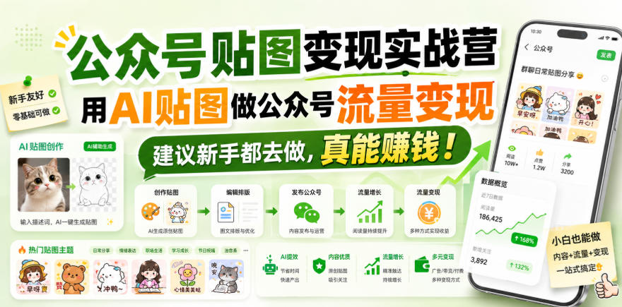 公众号贴图变现实战营，用AI贴图做公众号流量变现，建议新手都去做，真能賺钱！-创薯资源