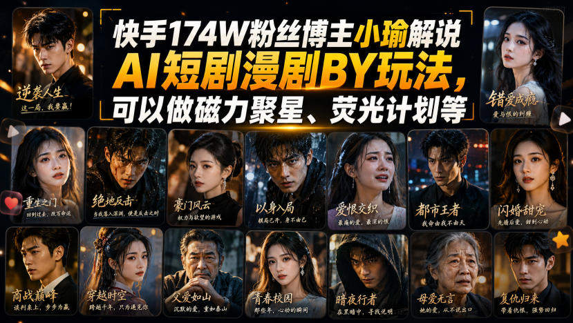 快手174W粉丝博主小瑜解说AI短剧漫剧搬运玩法，可以做磁力聚星、荧光计划等-创薯资源