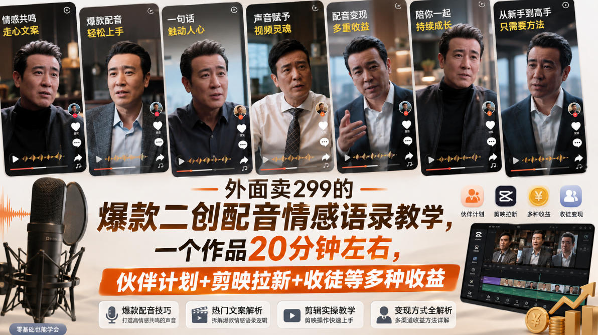 外面卖299的爆款二创配音情感语录教学，一个作品20分钟左右，伙伴计划+剪映拉新+收徒等多种收益-创薯资源