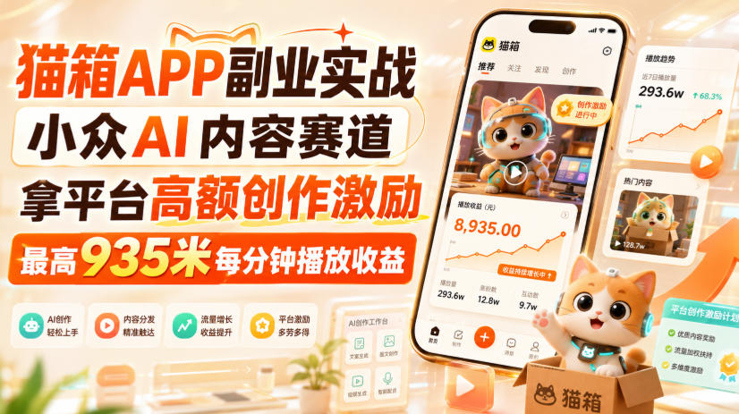 猫箱APP副业实战，小众AI内容赛道，拿平台高额创作激励，最高935米每分钟播放收益-创薯资源