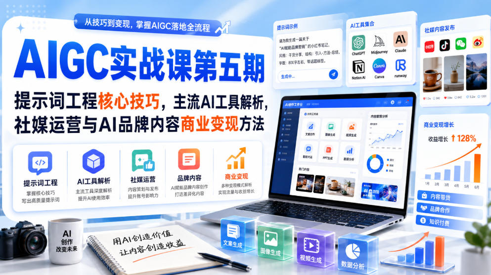 刺猬星球·AIGC实战课第五期，提示词工程核心技巧，主流AI工具解析，社媒运营与AI品牌内容商业变现方法-创薯资源