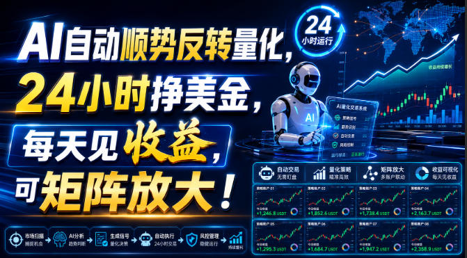 AI自动顺势反转量化，24小时挣美金，每天见收益，可矩阵放大！【揭秘】-创薯资源
