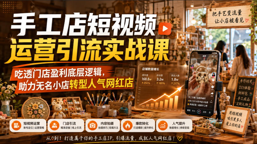 手工店短视频运营引流实战课，吃透门店盈利底层逻辑，助力无名小店转型人气网红店-创薯资源