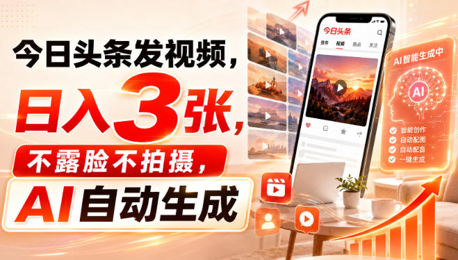 今日头条发视频，日入3张，不露脸不拍摄，AI自动生成-创薯资源