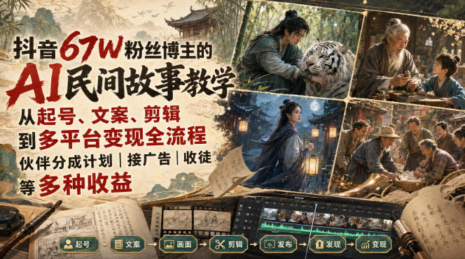抖音67W粉丝博主的AI民间故事教学，从起号、文案、剪辑到多平台变现全流程，伙伴分成计划接广告等多种收益，月入1W+-创薯资源