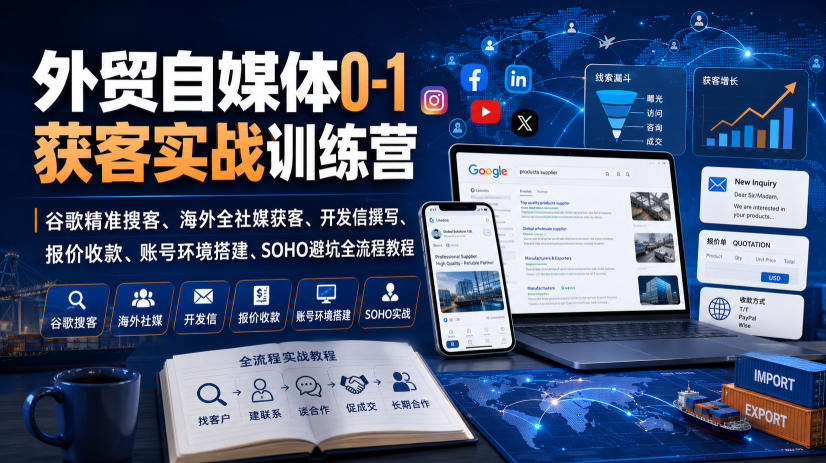 外贸自媒体0-1获客实战训练营｜谷歌精准搜客、海外全社媒获客、开发信撰写、报价收款、账号环境搭建、SOHO避坑全流程教程(更新)-创薯资源