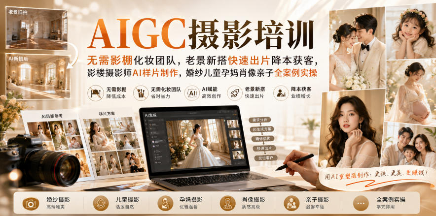 AIGC摄影培训｜无需影棚化妆团队，老景新搭快速出片降本获客，影楼摄影师AI样片制作，婚纱儿童孕妈肖像亲子全案例实操-创薯资源