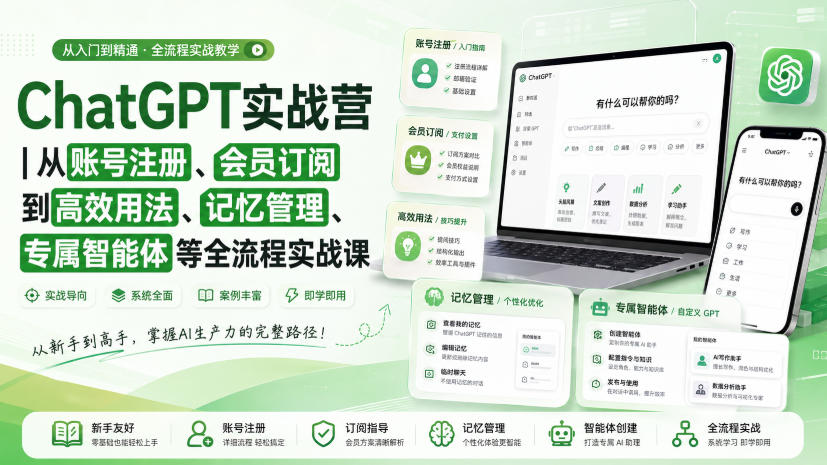 ChatGPT实战营｜从账号注册、会员订阅到高效用法、记忆管理、专属智能体等全流程实战课-创薯资源