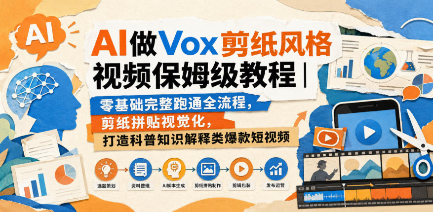 AI做Vox剪纸风格视频保姆级教程｜零基础完整跑通全流程，剪纸拼贴视觉化，打造科普知识解释类爆款短视频-创薯资源